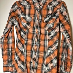 Harley Davidson orange, black & white plaid long sleeve button down womens shirt